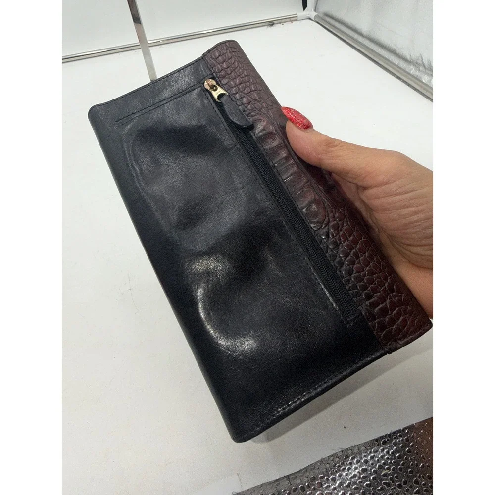 Brahmin Vintage Trifold Wallet Black Leather Brown Crocodile Embossed Snap